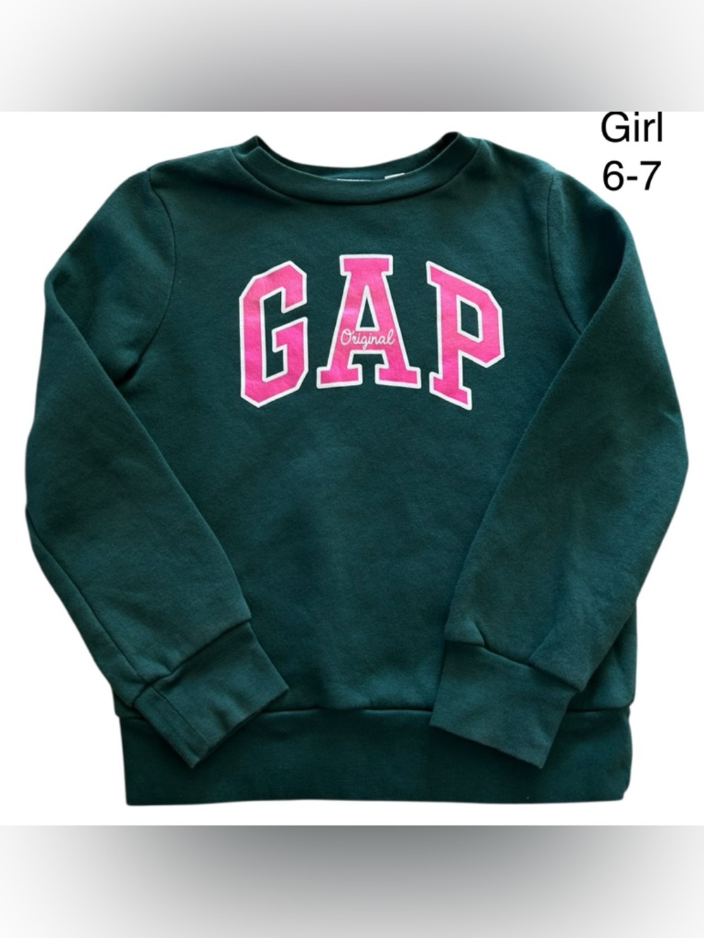 GAP Kids Dark Green Fleece Lined Sweatshirt with Pink Logo size S 6-7